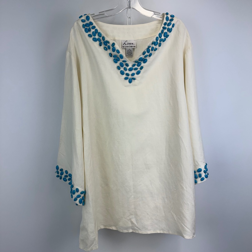 Linea by Louis Dell'Olio Linen Blend Beaded V-Neck Tunic Top Ivory Turquoise 1X